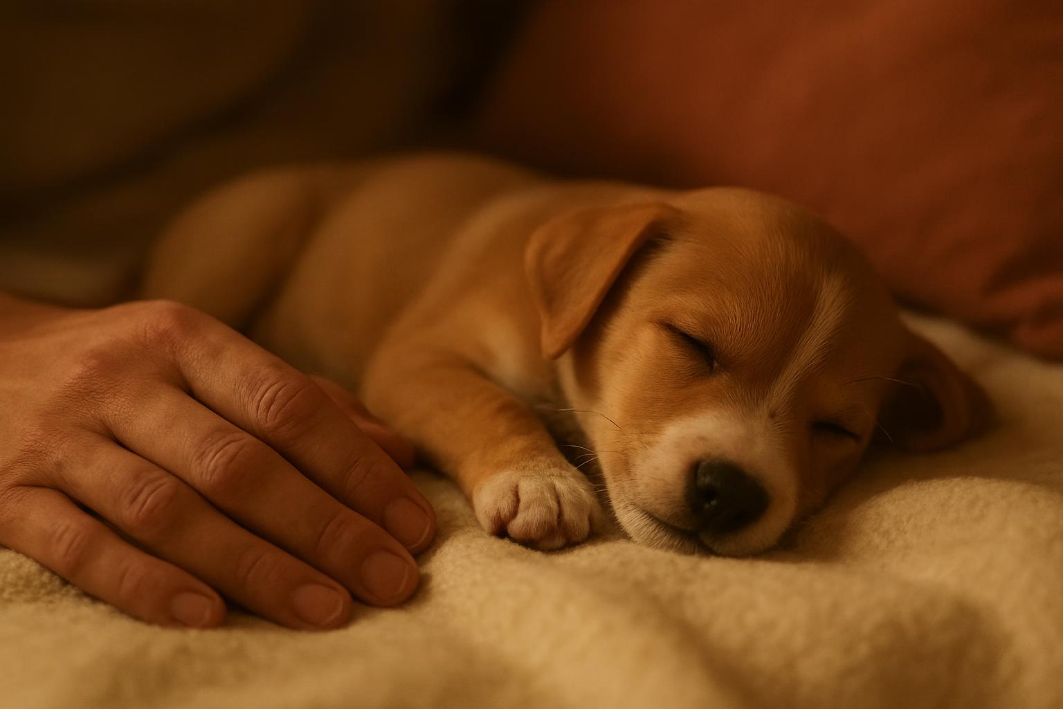 Una mano accanto a un cucciolo che riposa